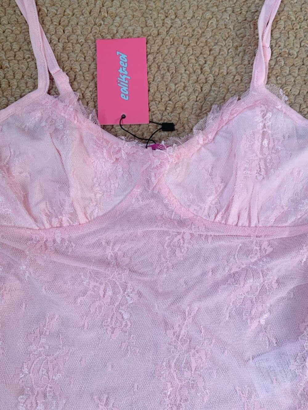 Edikted Pink Lace Mesh Cami Top NWT Size S Fairy Coquette - Picture 4 of 7